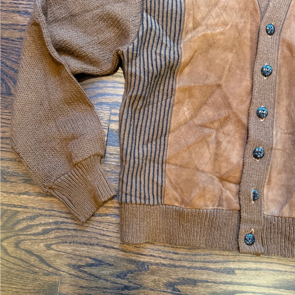 60s Vintage Brown wool blend knit and faux Suede and Knit Men's cardigan Sweater - Picture 2 of 8